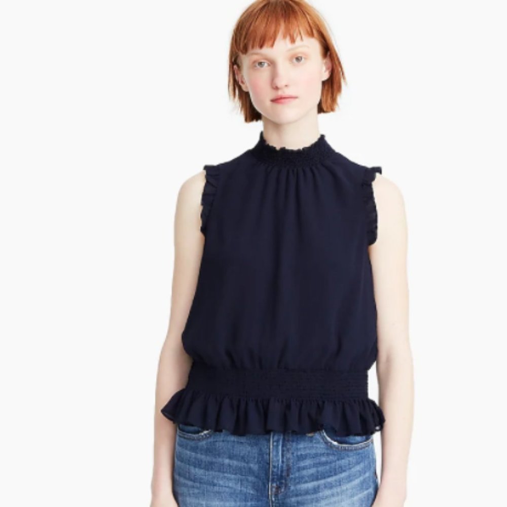 J.Crew Crinkle Chiffon Mock Neck Smocked Top - Picture 1 of 8